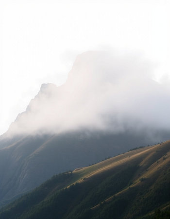 Mountain landscape in the clouds. Caucasus Mountains, Georgia, region Gudauri.