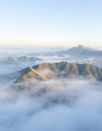 Mountains in the clouds at sunrise. Landscape of mountains.の写真素材