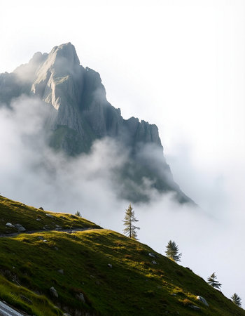 Mountain landscape with fog and clouds
