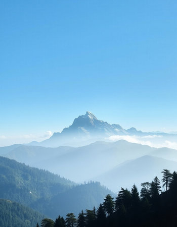 Mountain landscape with fog and blue sky. Caucasus Mountains, Georgia.