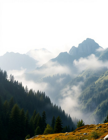 Mountain landscape with coniferous forest and fog in the morning