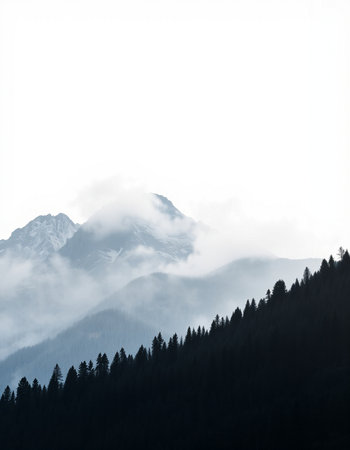 Mountain landscape with snow covered peaks and forest on a foggy day