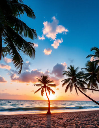 Beautiful tropical beach with coconut palm tree at sunset or sunrise timeの写真素材