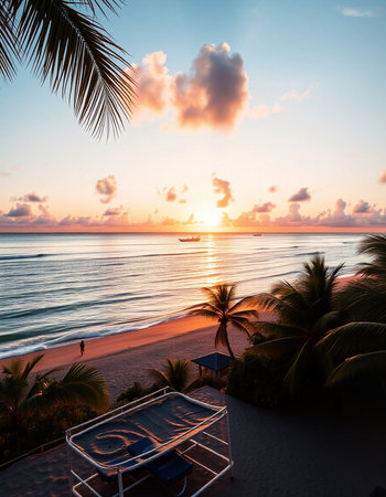 Beautiful sunset over the sea with palm trees and a deck chairの写真素材