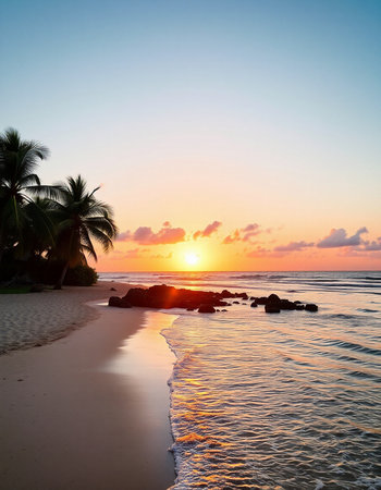 Beautiful sunset on the beach with palm trees and rocks in the foreground