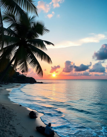 Sunset on the beach with palm trees. Beautiful tropical landscape.