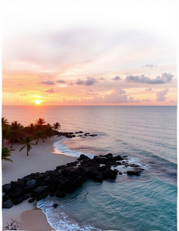 Aerial view of beautiful beach with coconut palm tree at sunset time