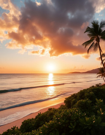 Beautiful sunset over the sea and palm trees on the beach.の写真素材