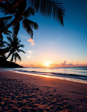 Tropical beach with coconut palm tree at sunset. Nature backgroundの写真素材