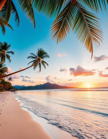 Beautiful tropical beach and sea with coconut palm tree at sunset time - Holiday Vacation conceptの写真素材