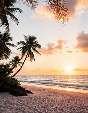 Tropical beach with palm trees at sunset, Seychellesの写真素材