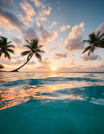 Coconut palm trees in the sea at sunset, Maldivesの写真素材