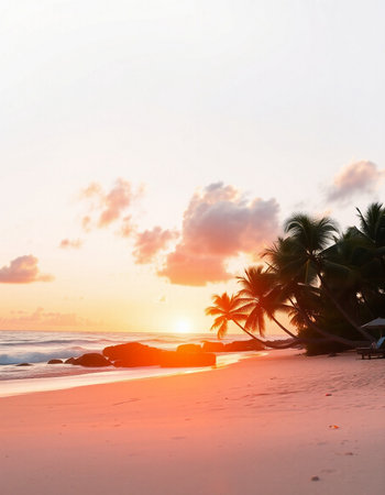 Beautiful tropical beach and sea with coconut palm tree at sunset timeの写真素材