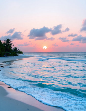 Beautiful sunset on the beach with sea wave and coconut palm treeの写真素材