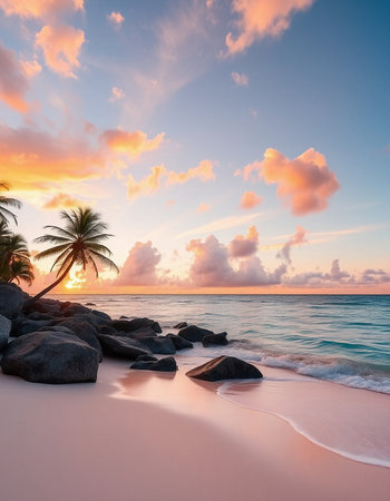Tropical beach with palm trees at sunset, Seychelles