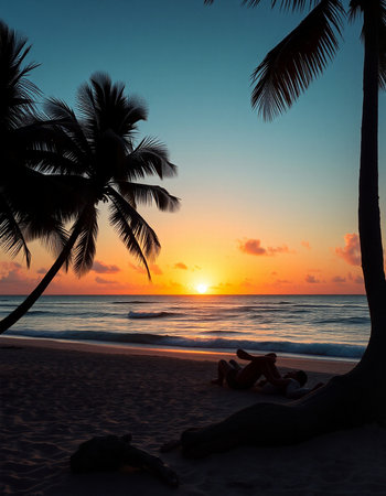 Silhouette of palm trees on the beach at beautiful sunset.の写真素材