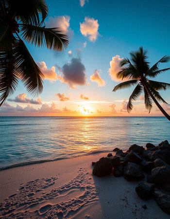 Beautiful sunset over the sea with palm trees.の写真素材