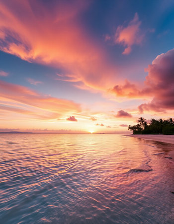 Beautiful sunset on the tropical beach. Colorful sky and seaの写真素材
