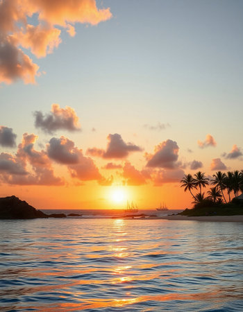 Tropical beach with palm trees at sunset, Seychelles