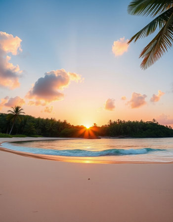 Beautiful tropical beach and sea with coconut palm tree at sunset time - Holiday Vacation concept