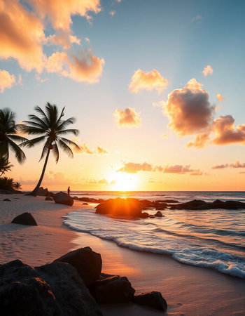 Tropical beach at sunset with palm trees and rocks. Nature background