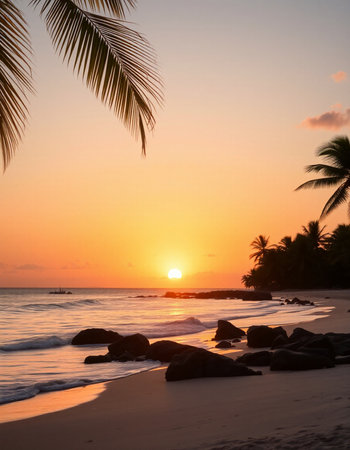 Beautiful tropical sunset on the beach with palm tree - Holiday Vacation concept