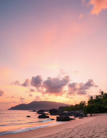 Beautiful sunset on the beach at Anse Lazio, Praslin, Seychellesの写真素材