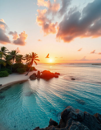 Beautiful sunset on the beach with palm trees and big stones.