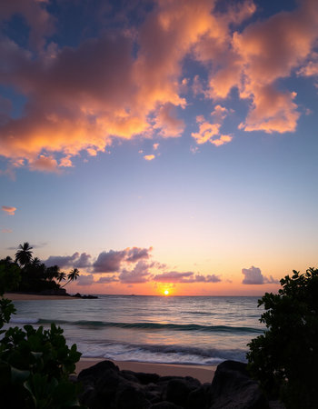Sunset on the beach of the island of Seychellesの写真素材