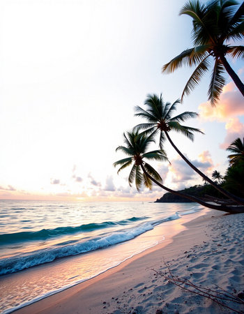Tropical beach with palm trees at sunset, Seychellesの写真素材