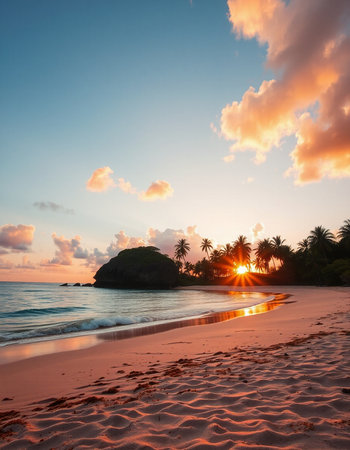 Beautiful sunset on the tropical beach. Seychelles.の写真素材