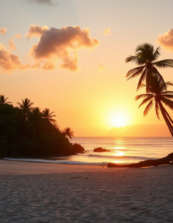 Beautiful tropical beach and sea with coconut palm tree at sunset timeの写真素材