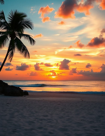 Beautiful tropical beach and sea with coconut palm tree at sunset timeの写真素材