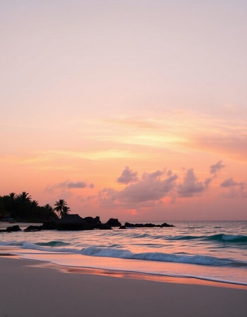 Tropical beach at sunset, Seychelles, Maheの写真素材