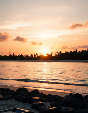 Beautiful tropical beach and sea with coconut palm tree at sunset time - Holiday Vacation conceptの写真素材
