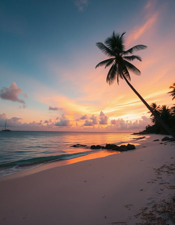 Beautiful sunset on the beach with coconut palm trees, Maldivesの写真素材