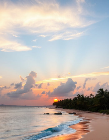 Beautiful sunset on the beach in the tropics. Toned.の写真素材