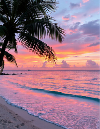 Beautiful sunset on the beach in the tropics. Colorful sky and sea.の写真素材