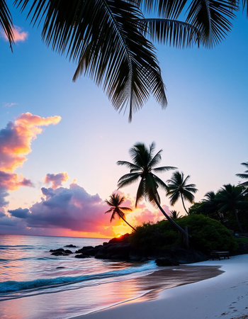 Tropical beach with palm trees at sunset, Seychellesの写真素材