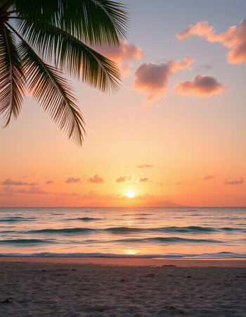 Beautiful tropical beach and sea with coconut palm tree at sunset timeの写真素材
