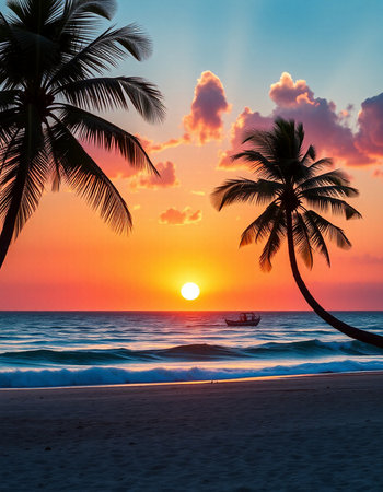 Tropical beach with palm trees at beautiful sunset. Nature backgroundの写真素材