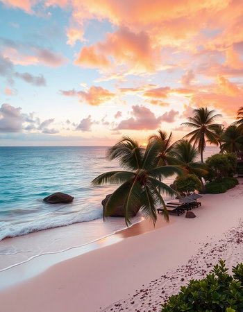 Beautiful tropical beach and sea with coconut palm tree at sunset time - Holiday Vacation concept