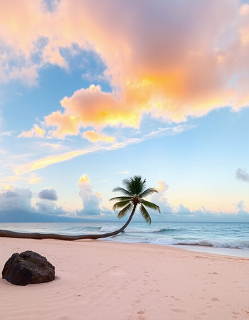 Palm tree on a tropical beach at sunset, Seychellesの写真素材