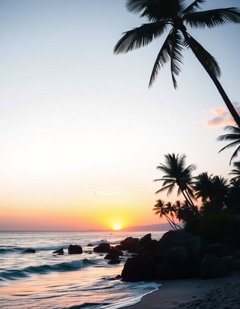 Tropical beach with palm trees at sunset, Seychelles