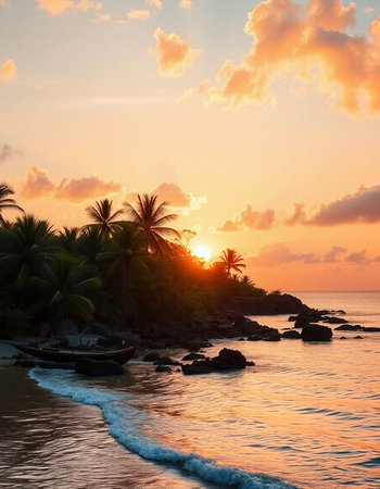 Beautiful sunset on the beach with a boat and palm trees.の写真素材