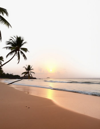 Tropical beach with coconut palm trees at sunrise in Sri Lanka