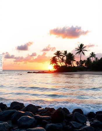 Tropical sunset on the beach with palm trees and rocks.