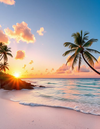 Tropical beach with palm trees at sunset, Seychellesの写真素材