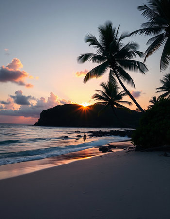 Tropical beach with palm trees at sunset, Seychelles