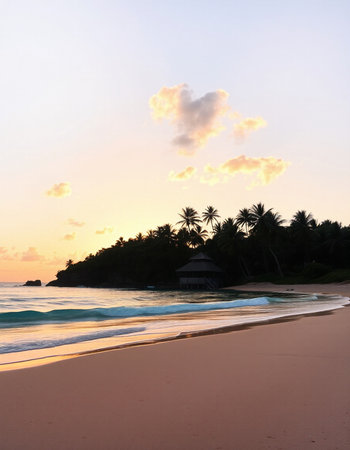 Tropical beach with palm trees at sunset, Seychellesの写真素材